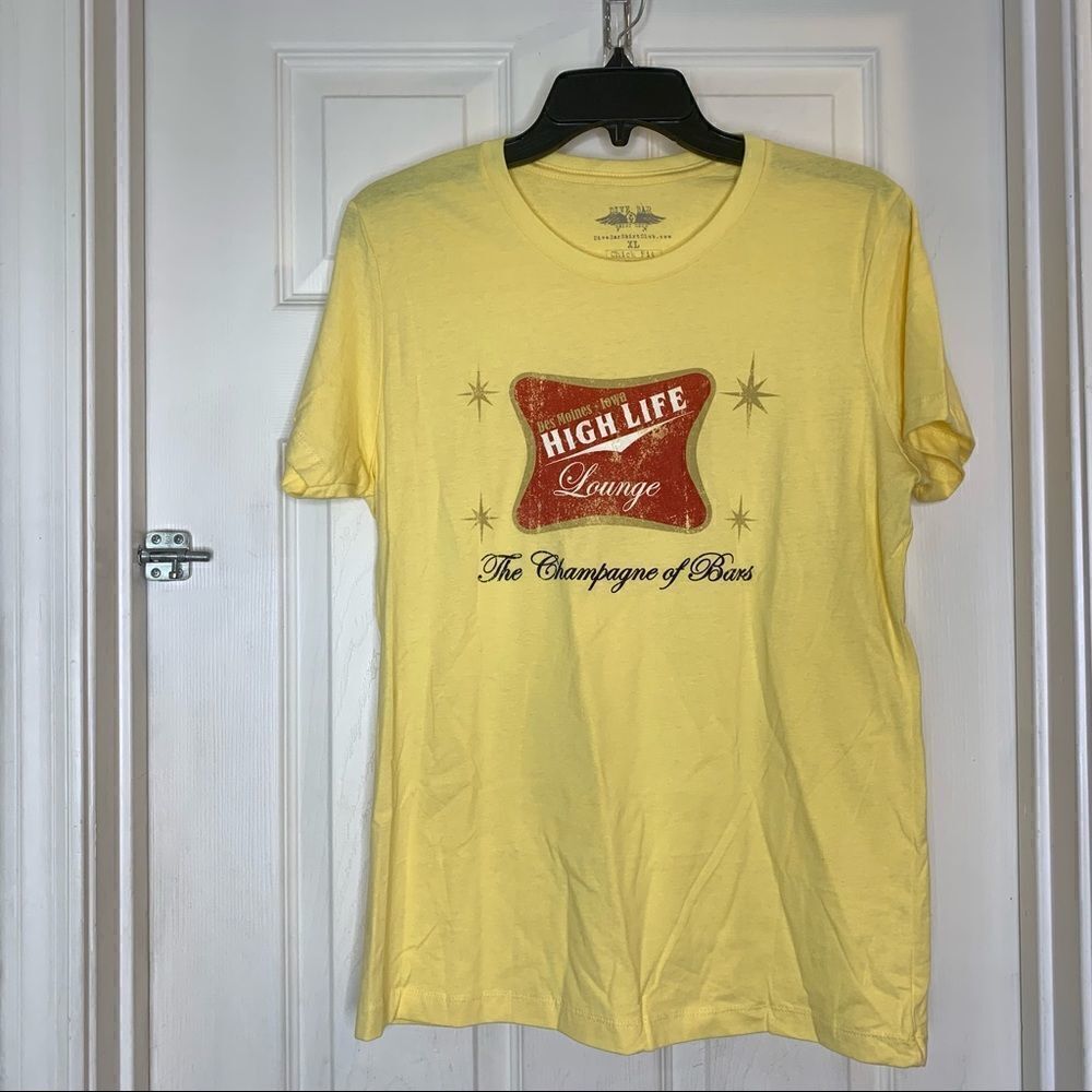 Dive Bar Shirt Club High Life Beer Chick Fit Yellow Shirt Size XL